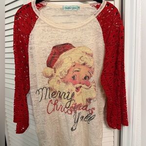 Women's Long Sleeve Southern Grace Santa Tee with Red Lace